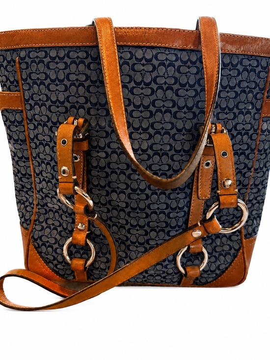 Coach Handbags - Coach Navy Signature Canvas Tote with Brown Leather Trim